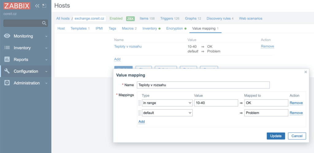 Lokální value mapping v Zabbix 5.4.