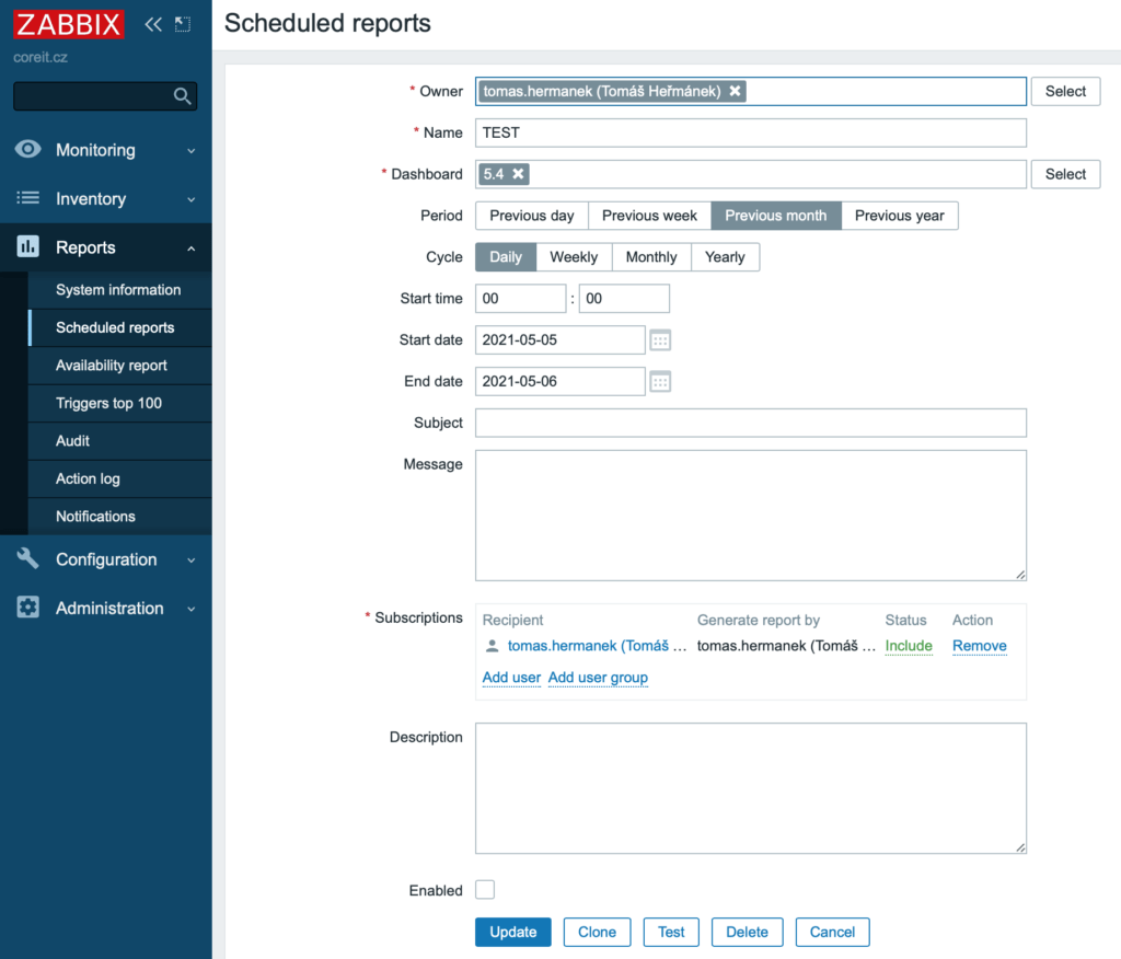 Zabbix 5.4 umí generovat a odesílat customizované reporty na denní, týdenní nebo měsíční bázi.
